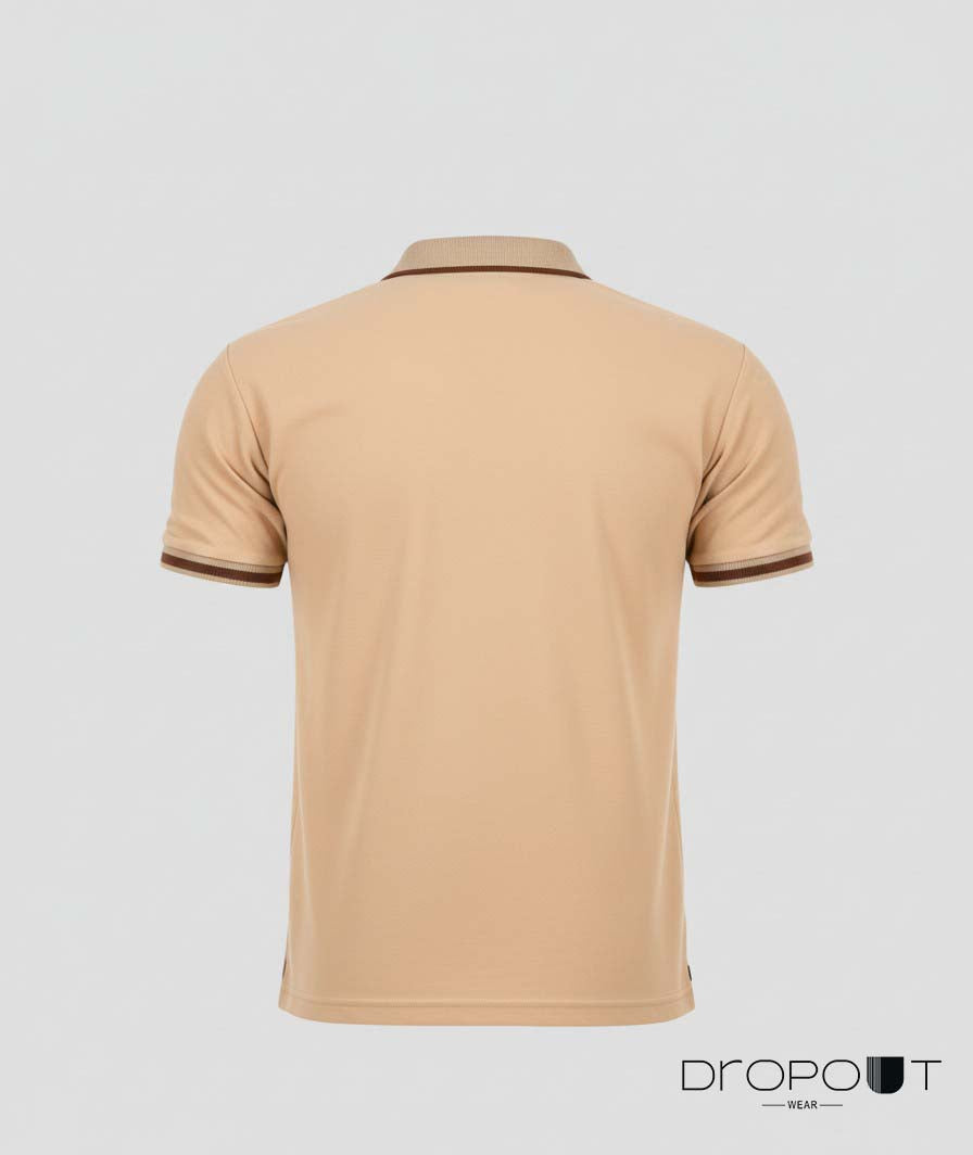 Beige polo shirt on a light gray background with 'Dropout Wear' branding.