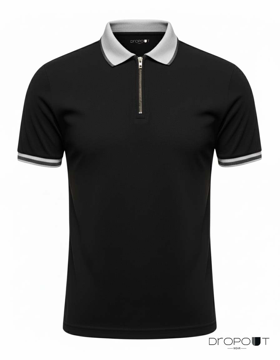 Black zipper polo shirt with grey collar and trim on a white background