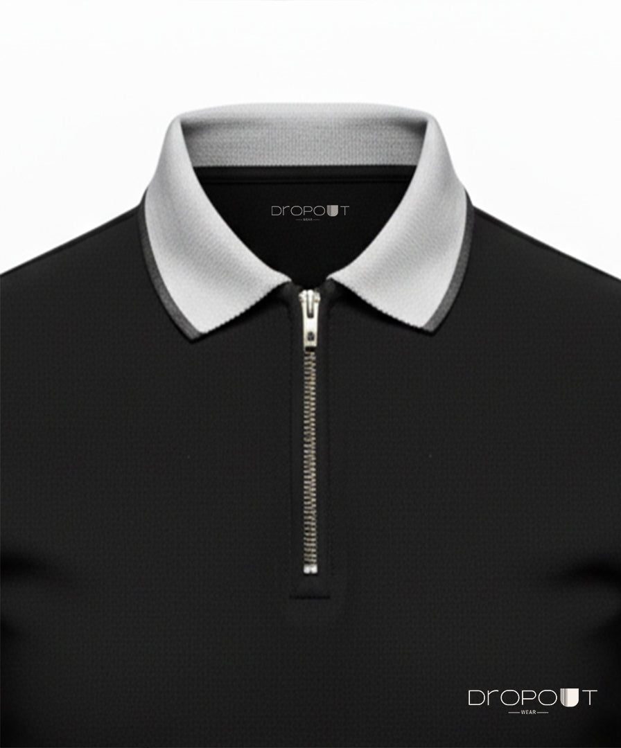 Black zipper polo shirt with white grey collar on a white background, featuring the Dropout brand.
