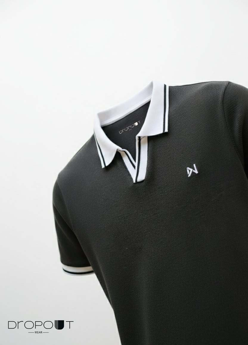 "Textured black polo shirt with V-neck design – casual men’s wear"