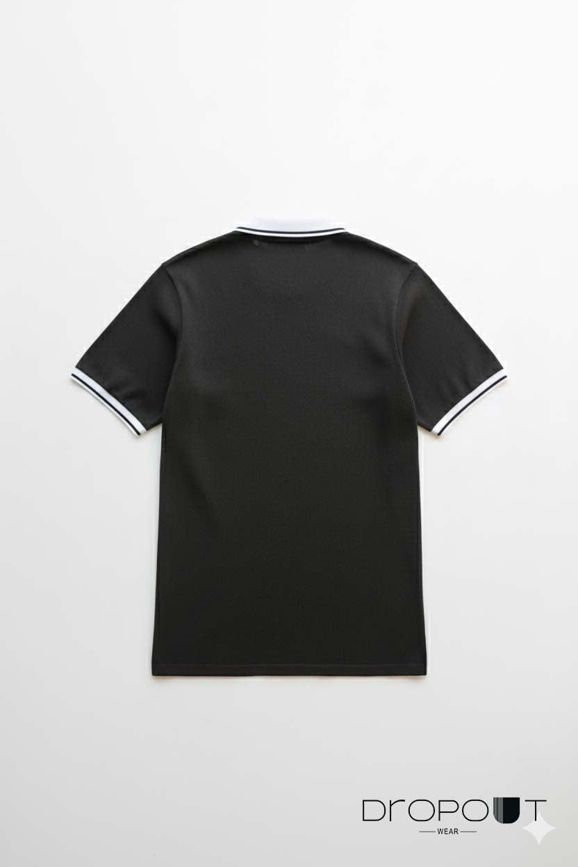 "Short-sleeve black textured polo shirt – V-neck men’s casual top"