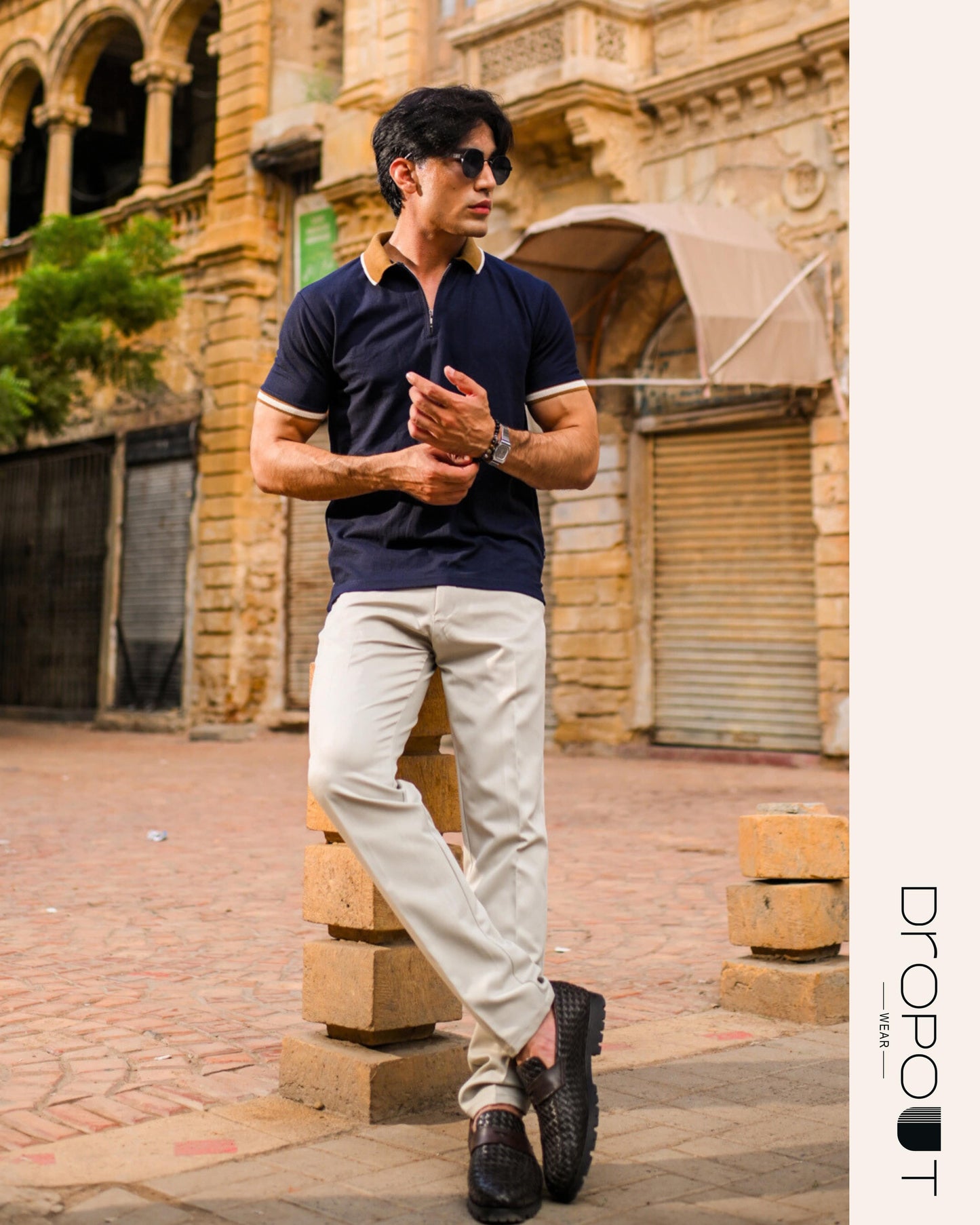 "Navy zip-front polo for men – smart casual shirt for everyday wear"