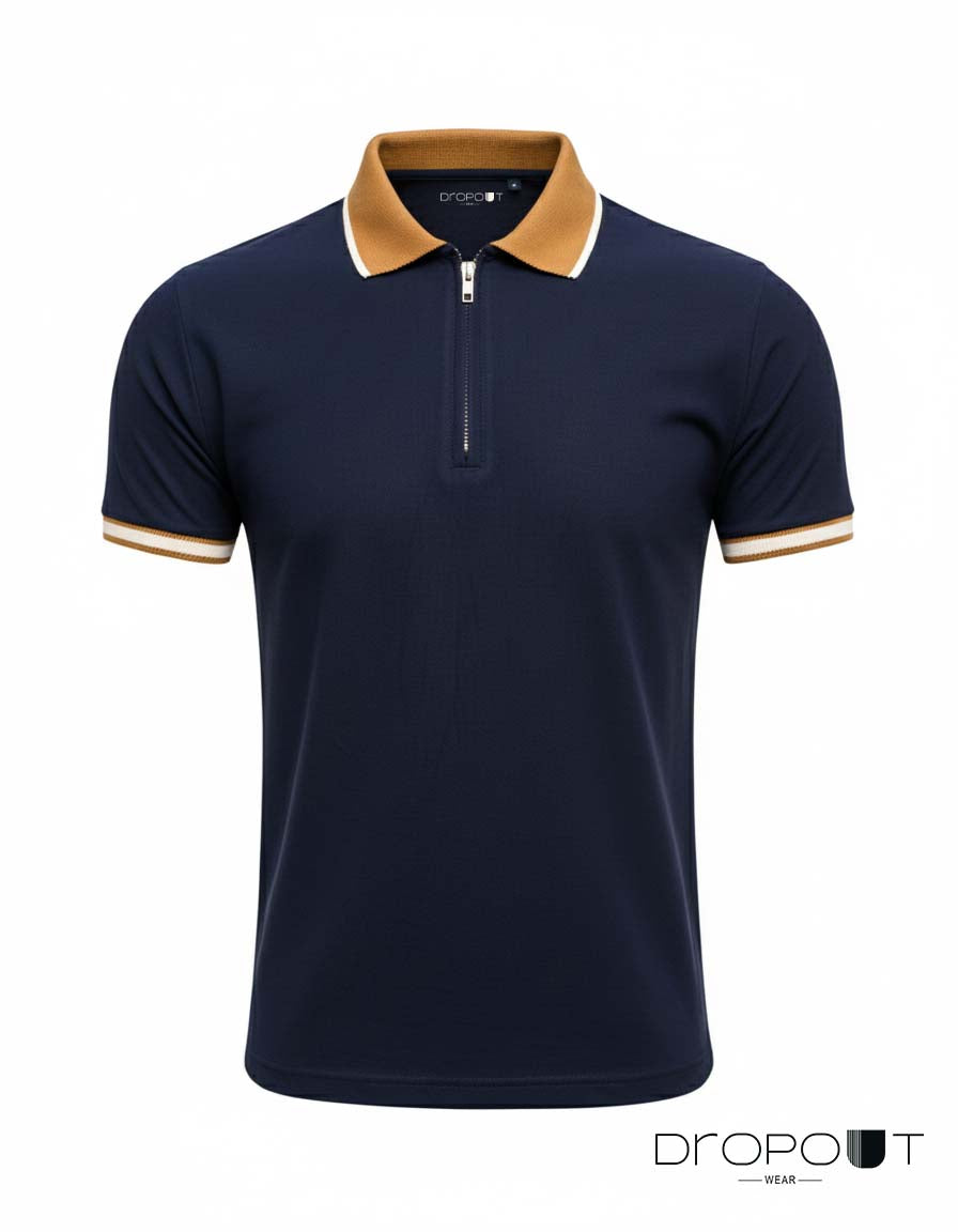 Navy blue zipper polo shirt with brown collar and trim on a white background