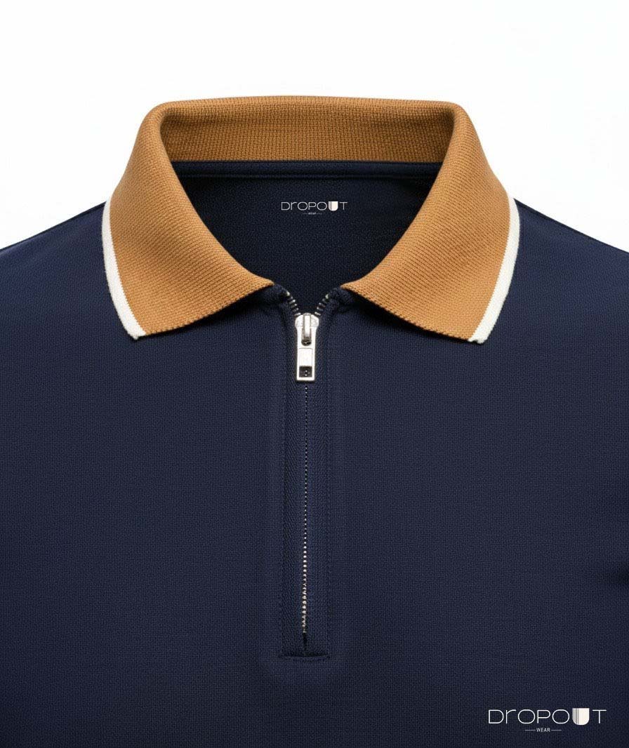 Navy blue zipper polo shirt with brown collar on a white background