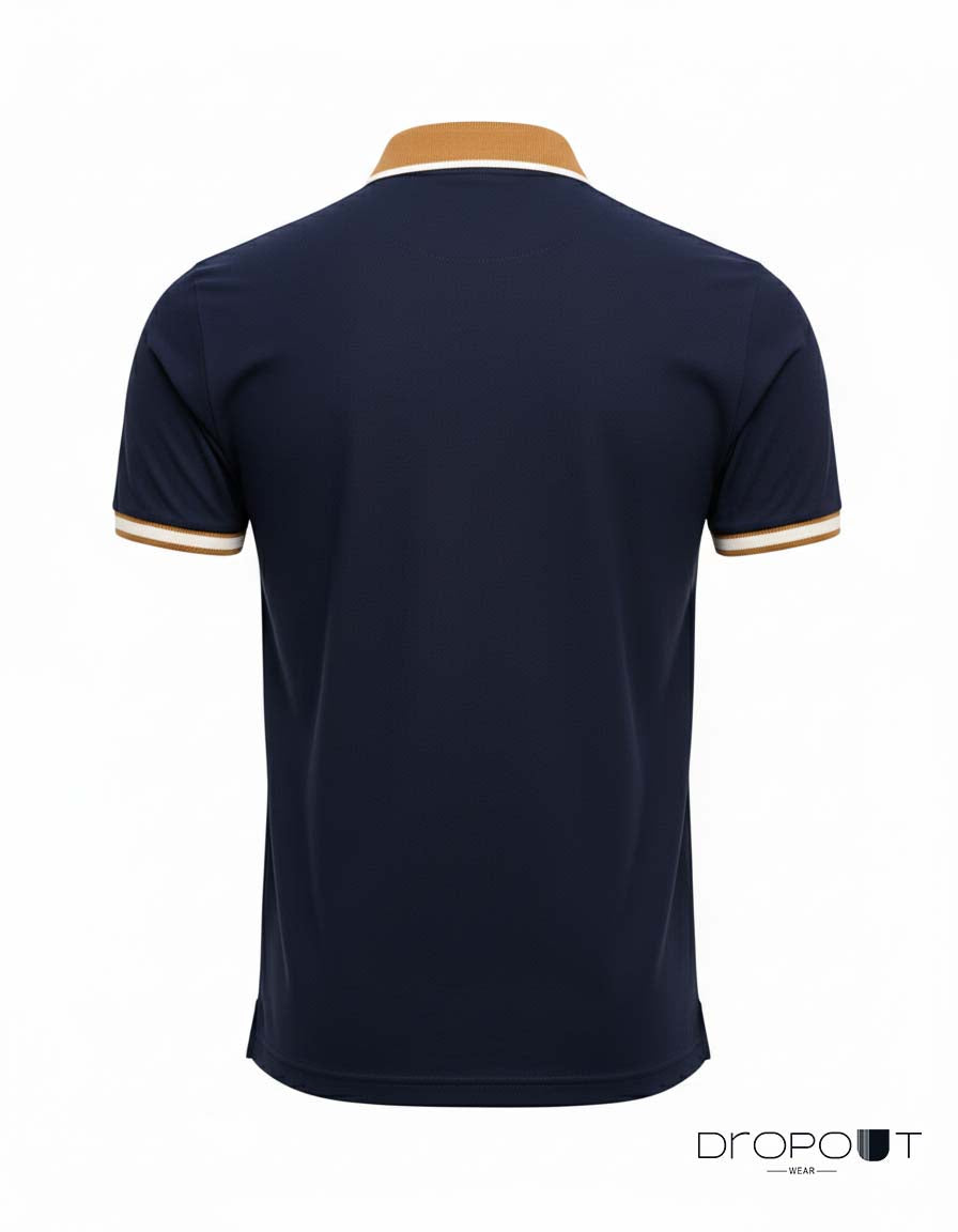 Navy zip-up polo shirt with modern fit and soft cotton fabric