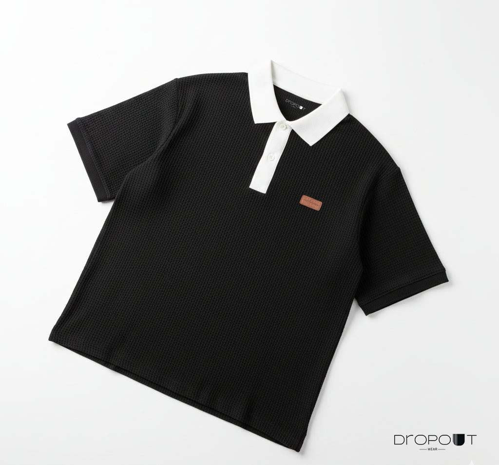 "Black waffle texture oversized polo shirt, perfect for everyday streetwear"