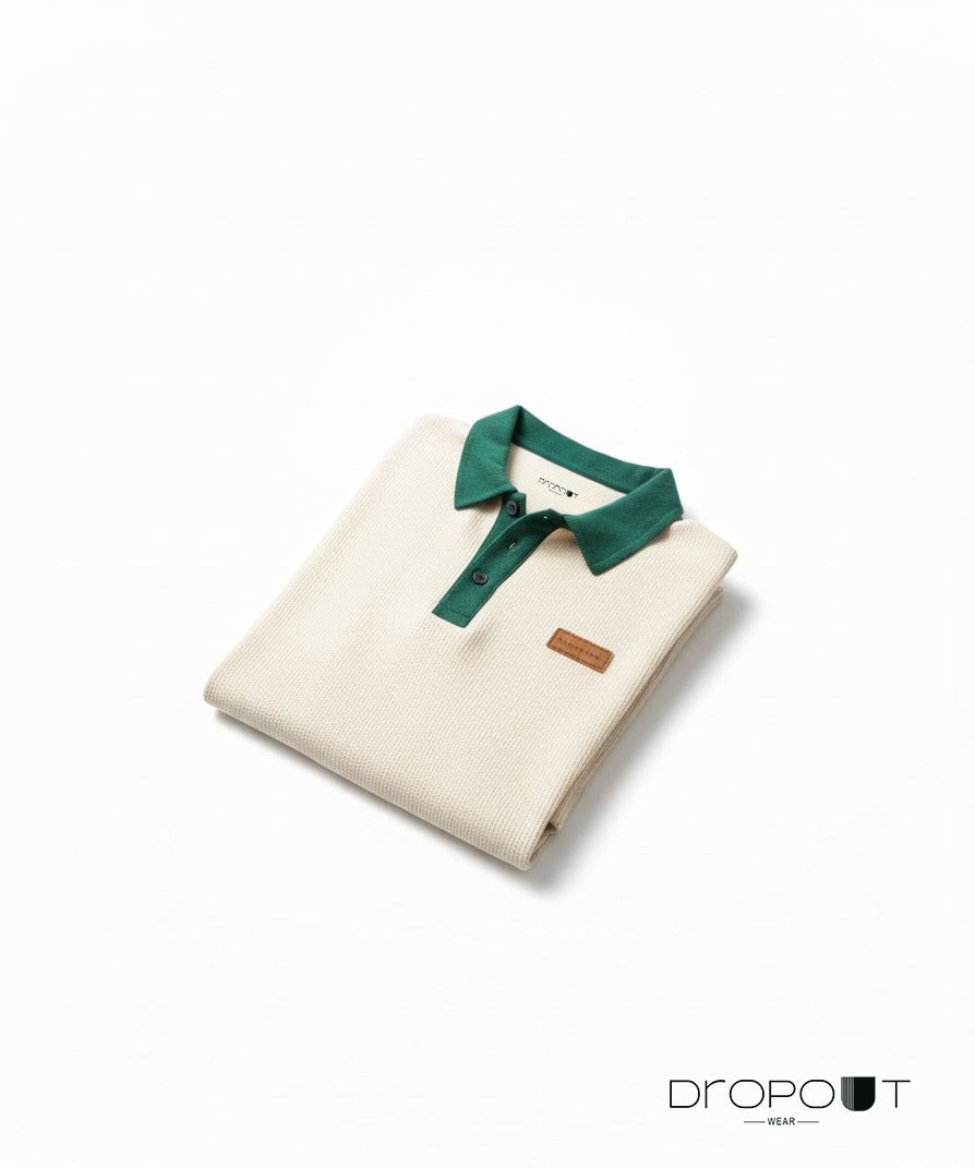 "Casual off-white waffle knit polo with oversized silhouette and breathable fabric"