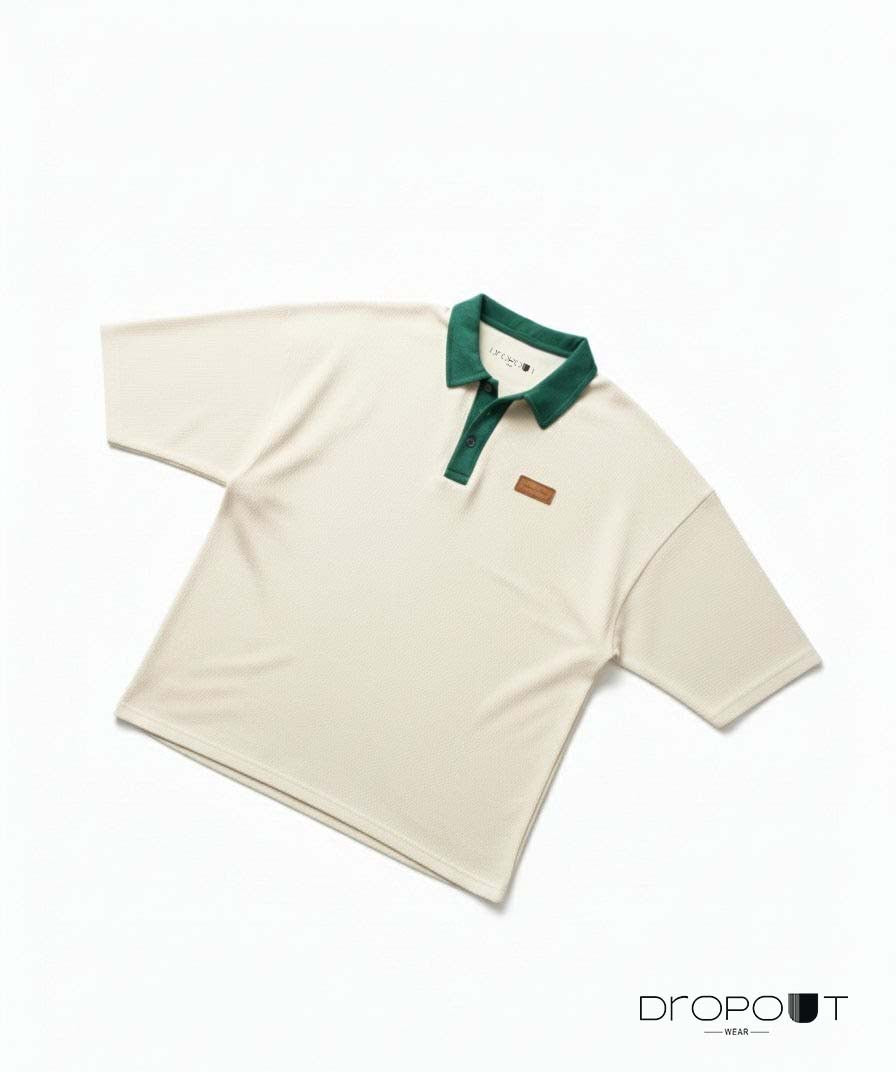 "Waffle texture oversized polo shirt in off-white, ideal for relaxed casual wear"