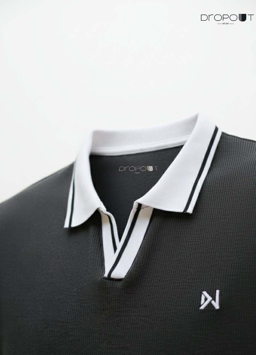 "Classic black textured V-neck polo for men – breathable and stylish"