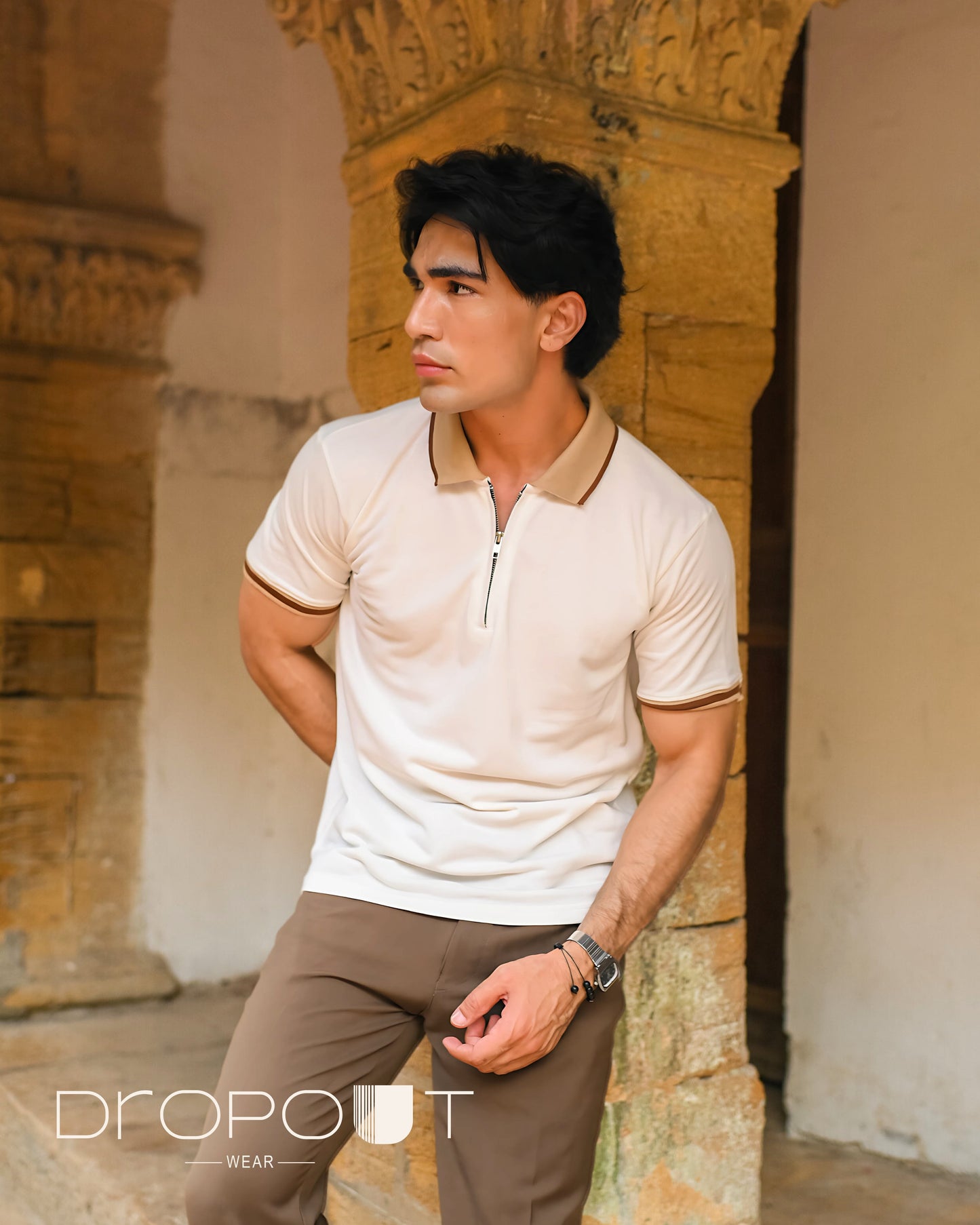 White zip-up polo shirt made from breathable cotton blend