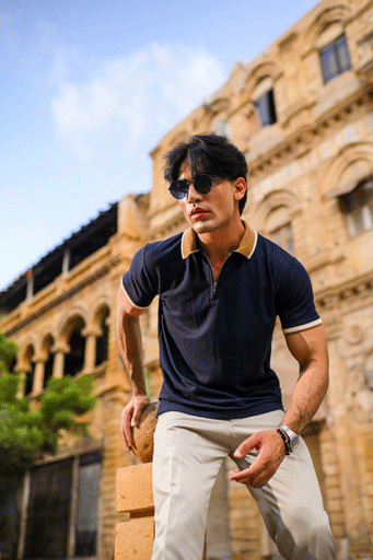 "Navy zip-front polo for men – smart casual shirt for everyday wear"