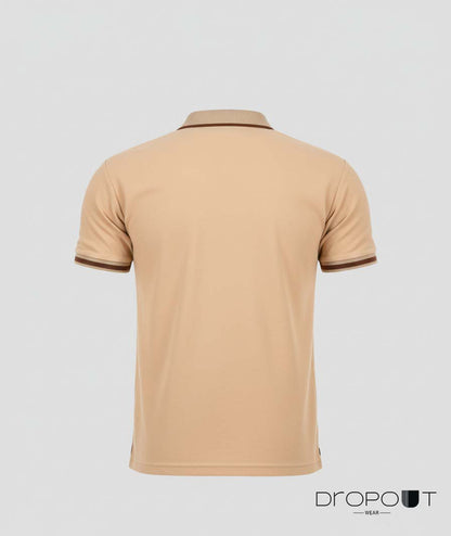 Beige polo shirt on a light gray background with 'Dropout Wear' branding.