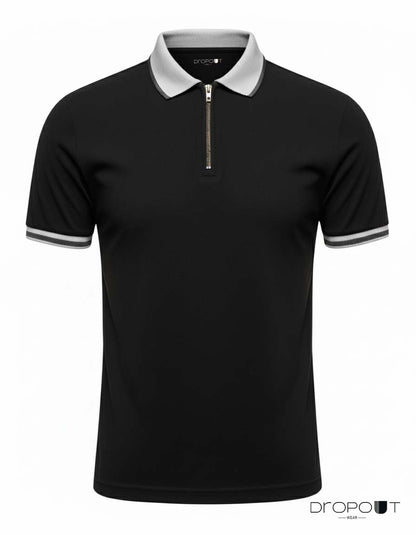 Black zipper  polo shirt with grey collar and trim on a white background