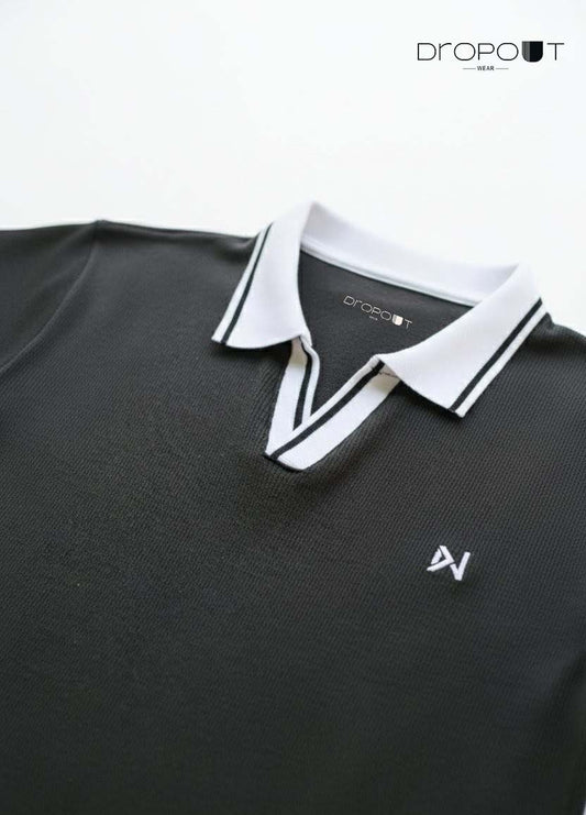 "Men’s black V-neck textured polo shirt with short sleeves"