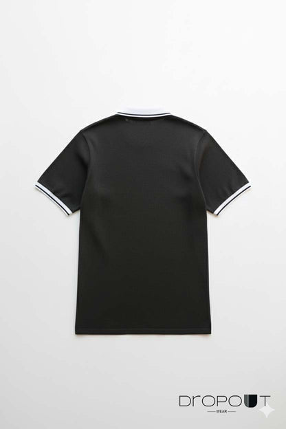 "Short-sleeve black textured polo shirt – V-neck men’s casual top"