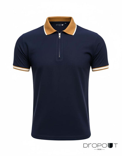 Navy blue zipper polo shirt with brown collar and trim on a white background