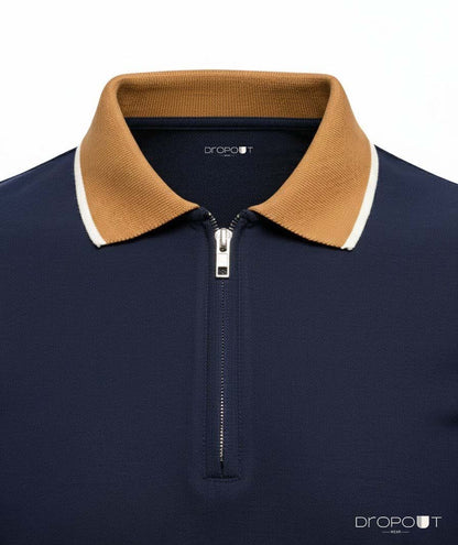 Navy blue zipper polo shirt with brown collar on a white background