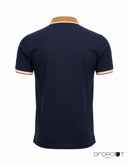 Navy zip-up polo shirt with modern fit and soft cotton fabric