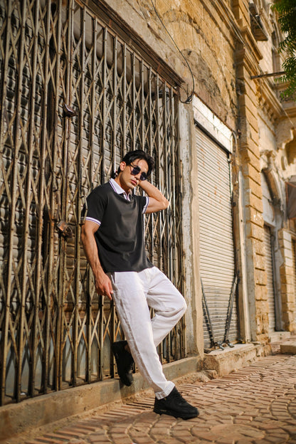 Premium men’s polo shirt in black with white pants