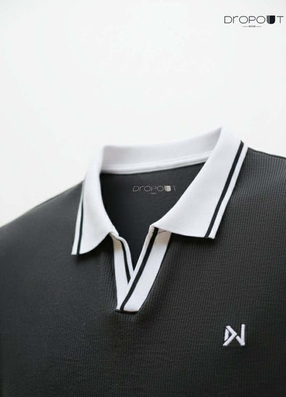"Classic black textured V-neck polo for men – breathable and stylish"