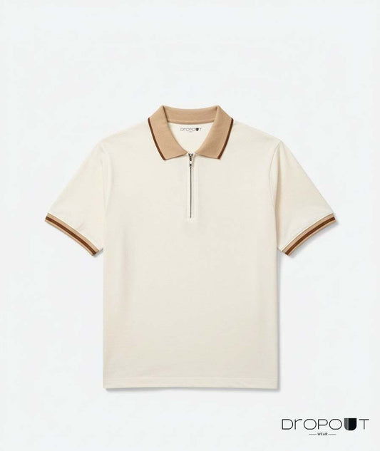 white zipper polo shirt featuring the Dropoutwear brand.