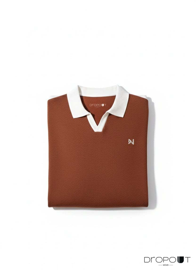 "Stylish brown knitted V-neck polo for men and women – premium fabric"