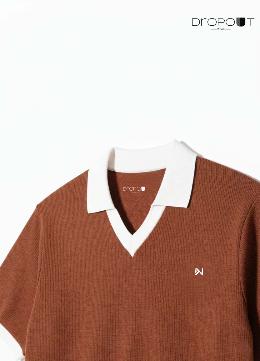 "Unisex brown V-neck knit polo – cozy autumn wear with ribbed detailing"