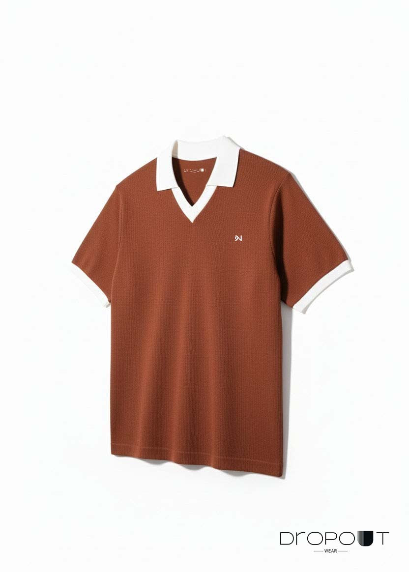 Men’s brown V-neck knitted polo shirt – soft textured knit with classic fit