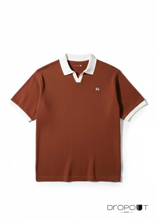 Brown Knitted V Neck polo shirt with white collar and accents on a white background, featuring the Dropout brand.