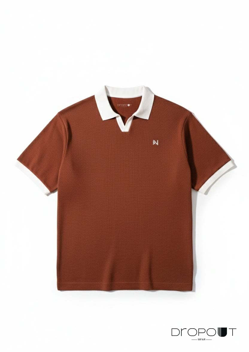 Brown Knitted V Neck polo shirt with white collar and accents on a white background, featuring the Dropout brand.